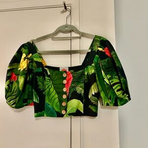 FARM Rio Green and Red Tropical Puff Sleeve Blouse